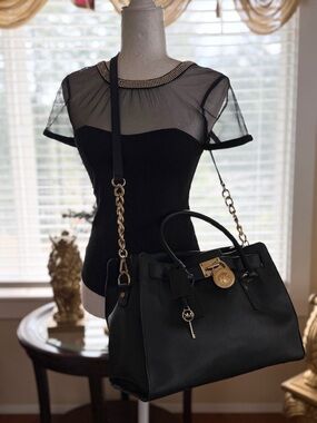 Michael Kors Black Satchel with Gold Chain and Hardware
